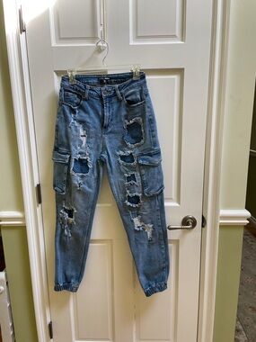 Fashion Nova Parachute Jeans with holes and patches Size M